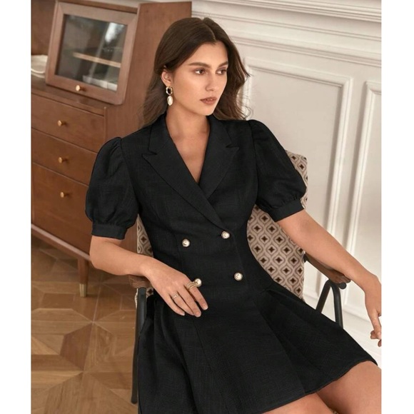 FRENCH PUFF SLEEVE DOUBLE BREASTED PLEATED HEM DRESS - Picture 3 of 16